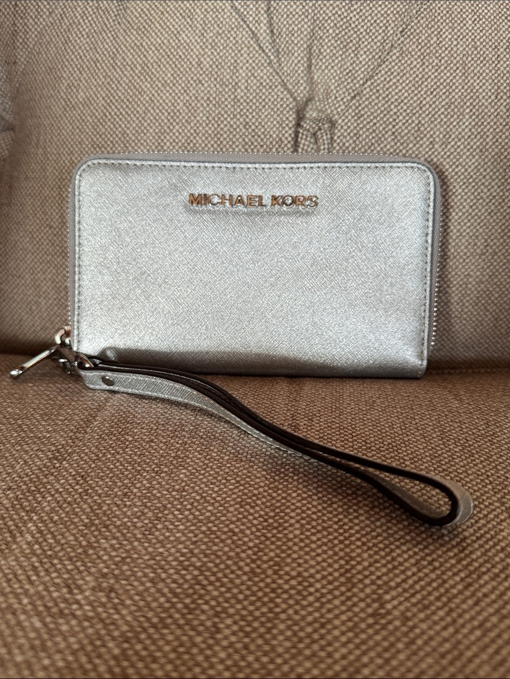 Michael Kors Metallic Silver Zip Wristlet
